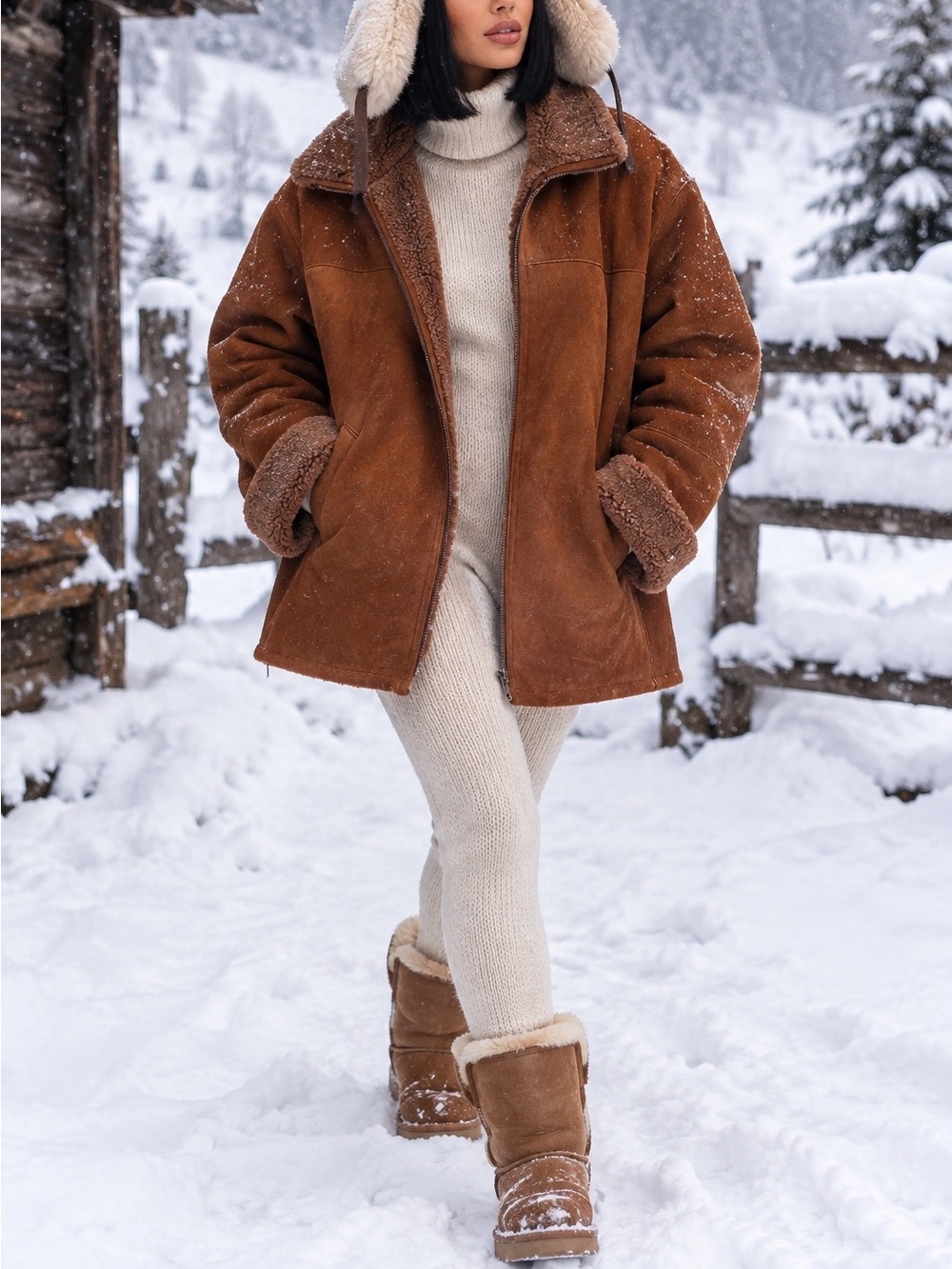 Sheep skin - Suede- Brown Shearling Winter Jacket - Winter Coat